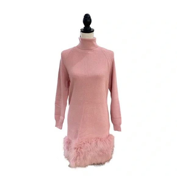 Long Sleeve Turtleneck Feather Hem Mini Dress | Color: Pink | Size: L | Shopstyleshark's Closet